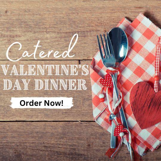 red place setting on a wooden background words: catered valentine's day dinner order now