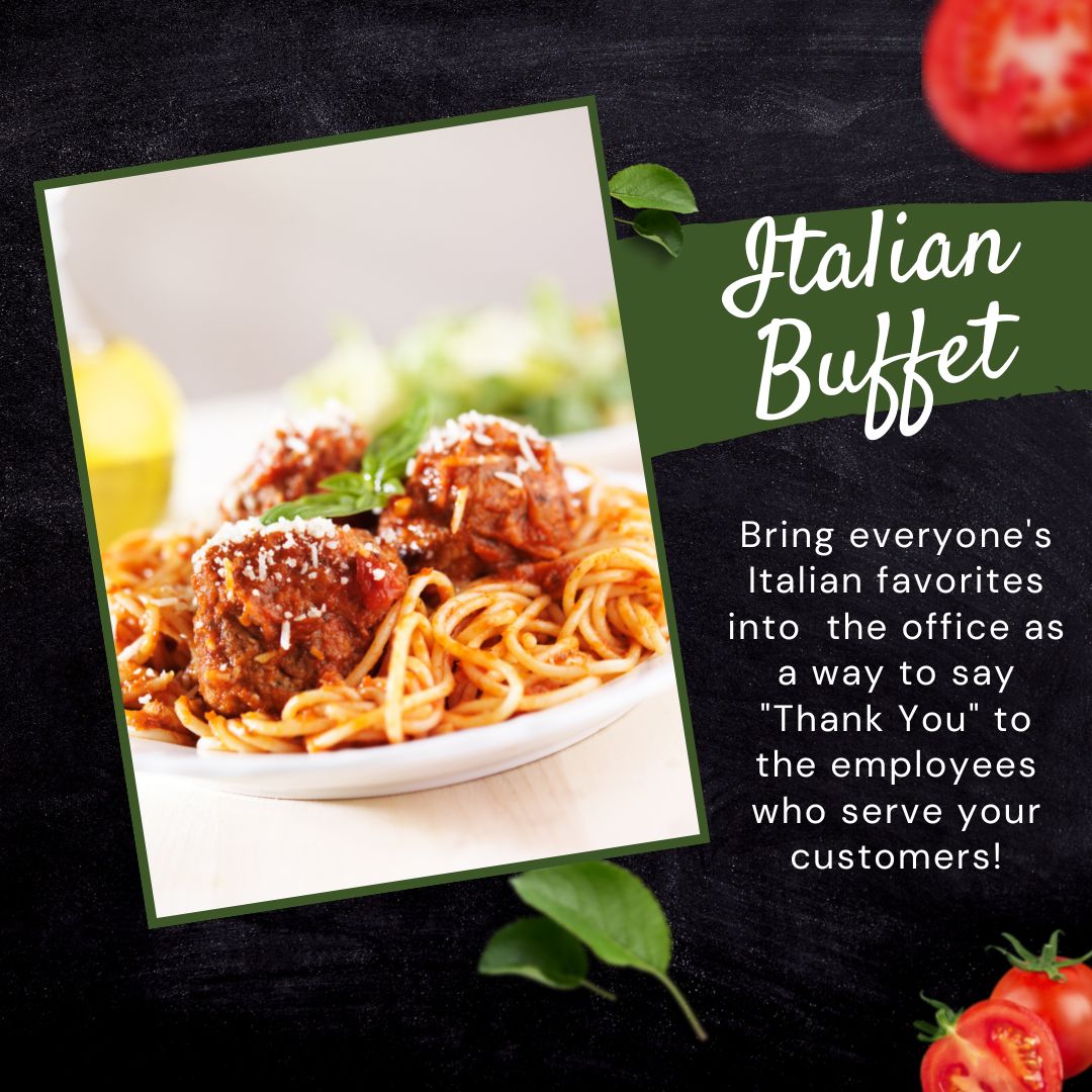 Order In for Lunch with an Italian Buffet picture of spaghetti and meatballs on a chalkboard background with images of tomatoes and spinach leaves