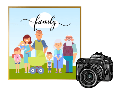 family portrait in a frame with an image of a camera.