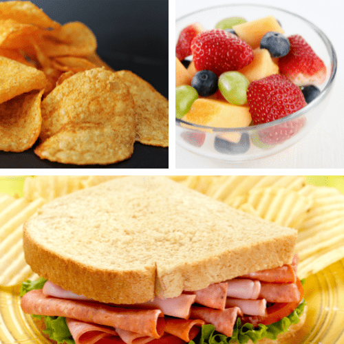 deli sandwich chips and mixed fruit