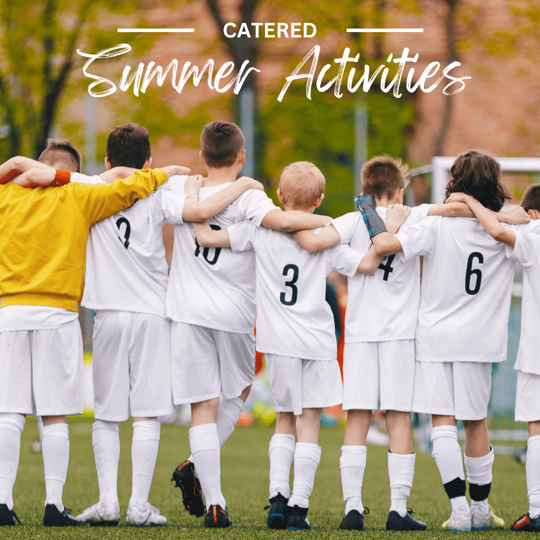 back side of a line up of boys youth socccer team with words "Catered Summer Activities"