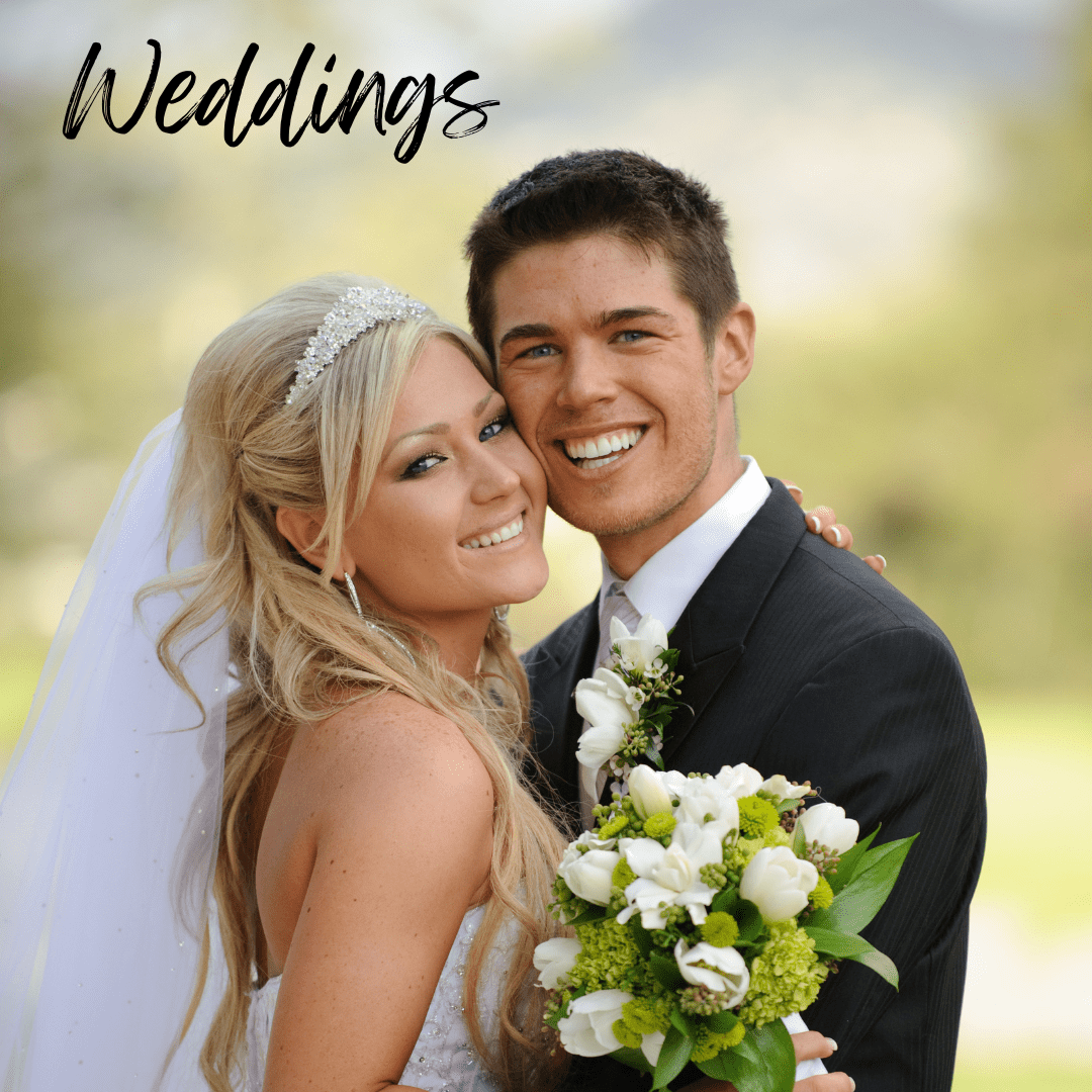 young caucasan bride and groom with words: Weddings